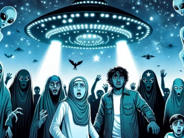 Illustration of terrified individuals surrounded by eerie extraterrestrial beings under a starlit sky, with a massive spaceship hovering above, casting an ominous glow on the scene.