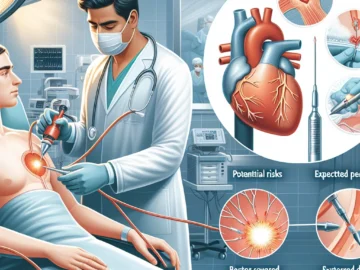 Illustration of a doctor performing the ablation procedure on a patient's heart, with a close-up view of the atrial fibrillation. Visual representation of potential risks and expected outcomes are also included.