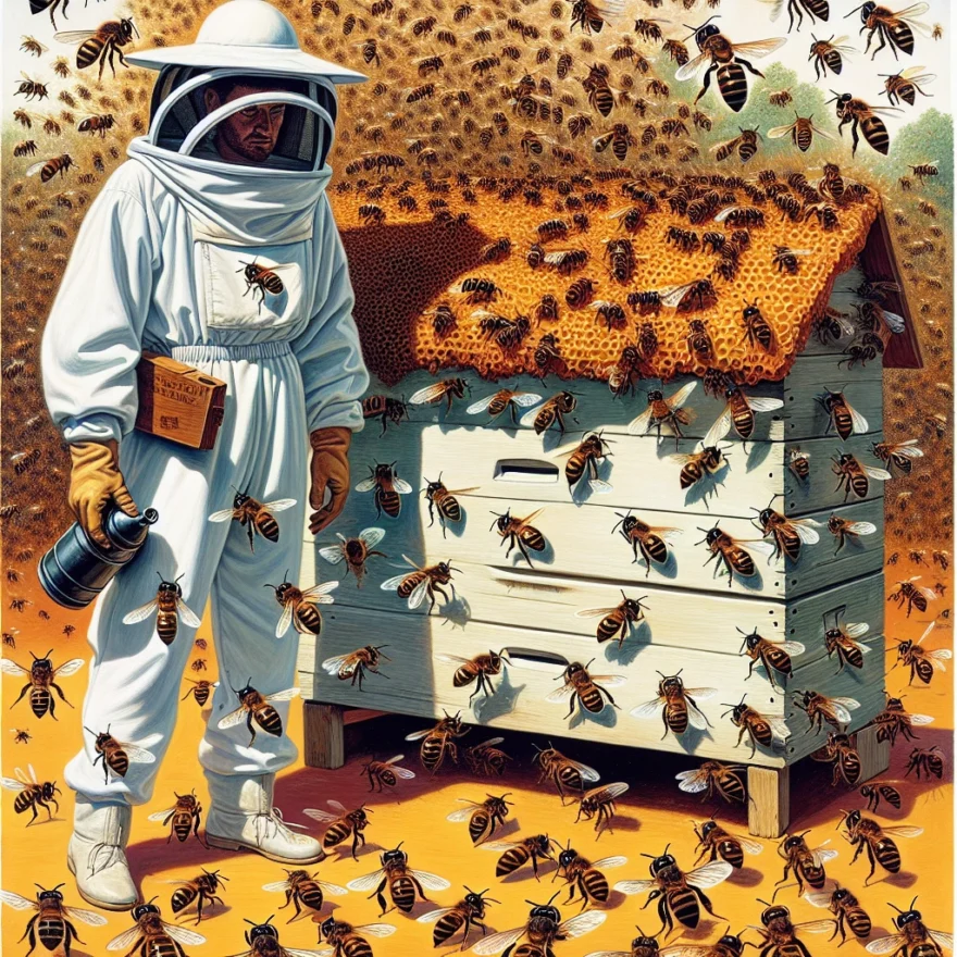 Illustration of Africanized killer bees swarming around a hive, with a beekeeper in protective gear nearby, highlighting the distinct features and aggressive behavior of these bees.