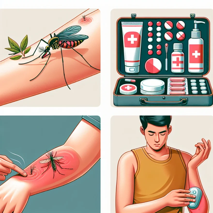 Illustration of a mosquito biting a human arm, surrounding skin turning red, a medical kit with antihistamines, and a person applying insect repellent on skin.