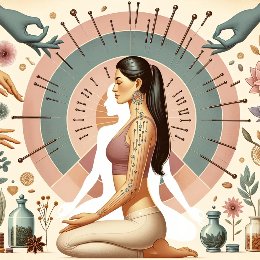 Alternative Therapies for Managing Arthritis Pain Illustration of a serene woman practicing yoga surrounded by symbols of acupuncture, massage, and herbal medicine, all bathed in a soothing, gentle color palette.
