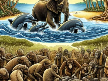 Animal Grieving: Examining Mourning Behaviors in the Animal Kingdom Illustration of various animals, including elephants, dolphins, and primates, displaying signs of mourning, like huddling around a deceased member, in their natural habitats.