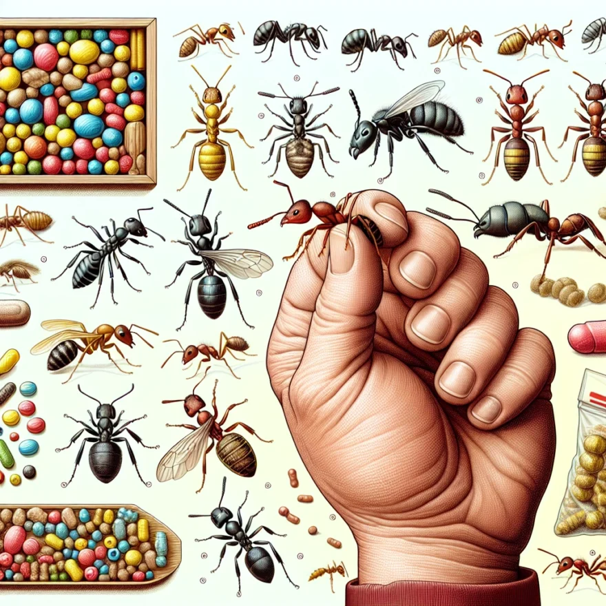 Ant Bait: Types, Effectiveness, and Usage Tips Illustration of various ant baits, showcasing their different shapes and sizes. Ants are depicted interacting with the baits, while a hand demonstrates proper placement in an indoor and outdoor setting.