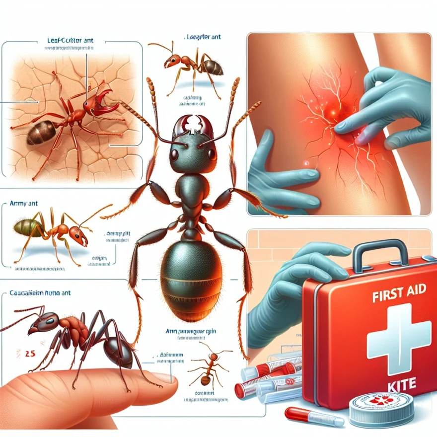 Illustration of various types of ants showcasing their unique stingers, a close-up of an ant bite on human skin, and a first aid kit symbolizing treatment methods.