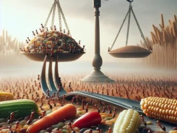 Illustration of a magnified ant carrying a leaf, set against a backdrop of a healthy salad bowl, with a thought bubble containing a balance scale weighing a heart and a globe.