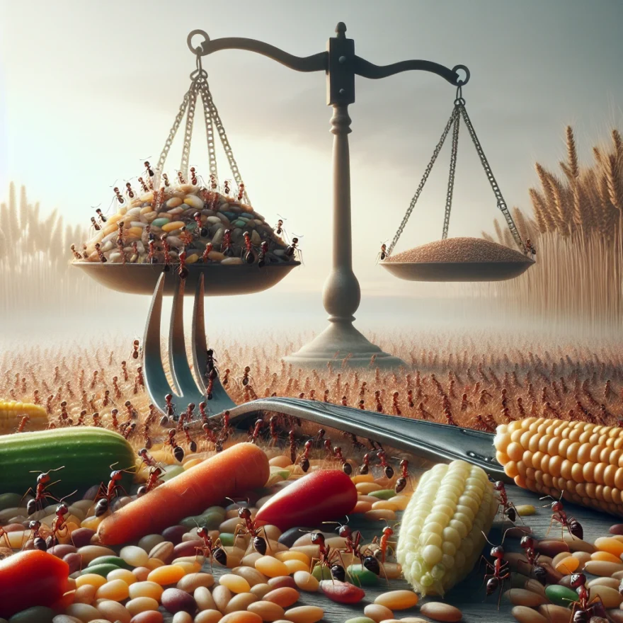 Illustration of a magnified ant carrying a leaf, set against a backdrop of a healthy salad bowl, with a thought bubble containing a balance scale weighing a heart and a globe.