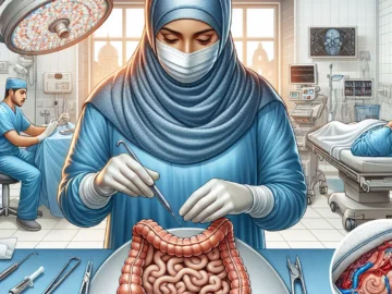 Illustration of a surgeon performing an appendectomy, a patient resting post-surgery, and potential complications such as infection and abdominal pain.