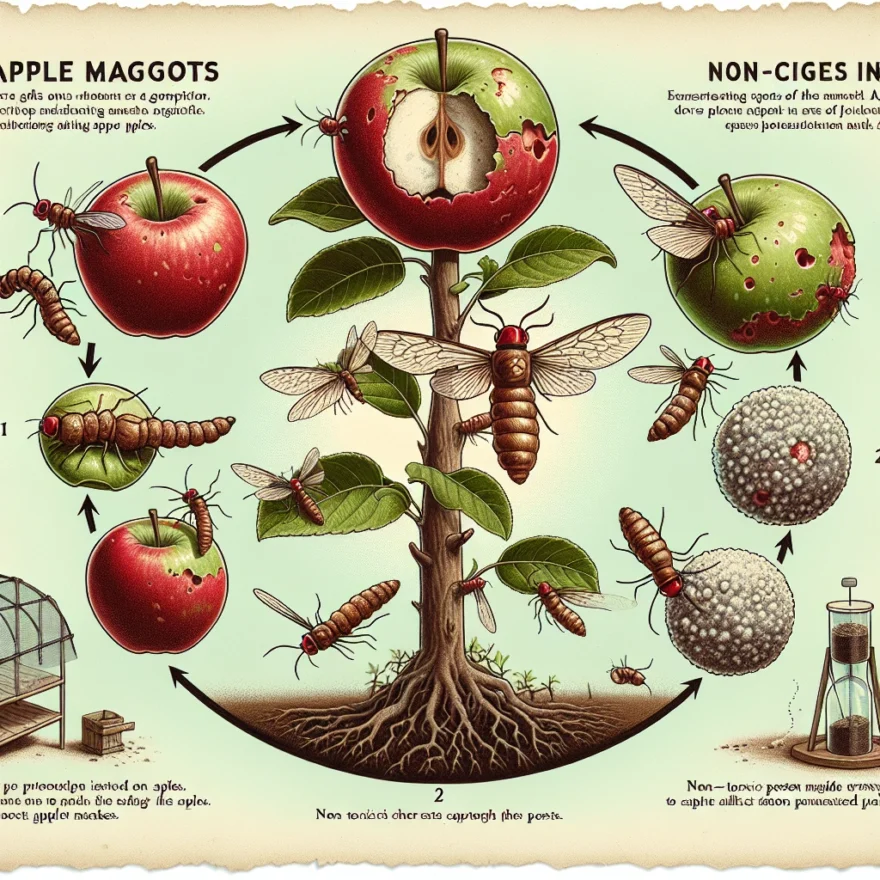 Illustration of the apple maggot's lifecycle stages, from egg to adult, alongside visuals of the damage they cause to apples and various control methods being implemented.