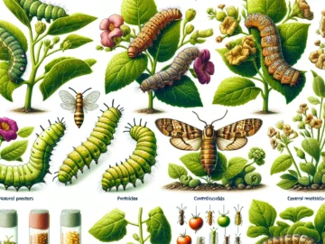 Army Worms: Identification, Damage, and Control Illustration of army worms in various stages of development, showcasing the damage they cause to plants, and highlighting different control methods used to eradicate them.