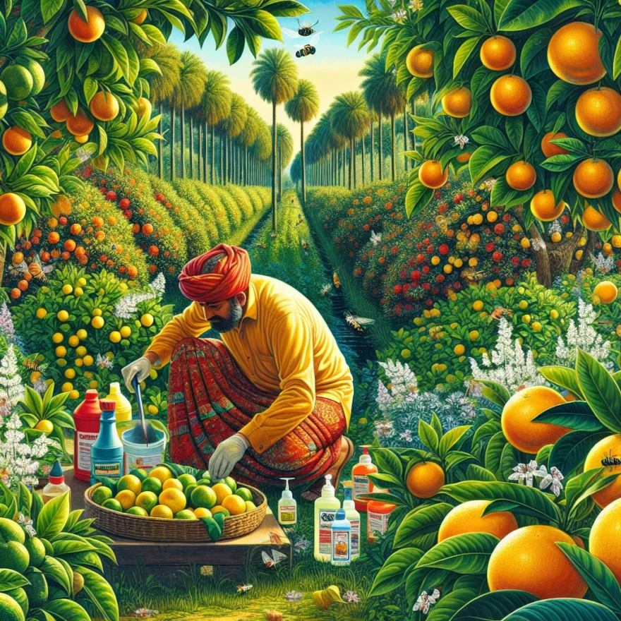 Asian Citrus Psyllid: The Danger to Citrus Crops and How to Fight It Illustration of a vibrant citrus grove under attack from tiny, menacing Asian Citrus Psyllids, with a farmer diligently applying eco-friendly pest control methods to combat them.