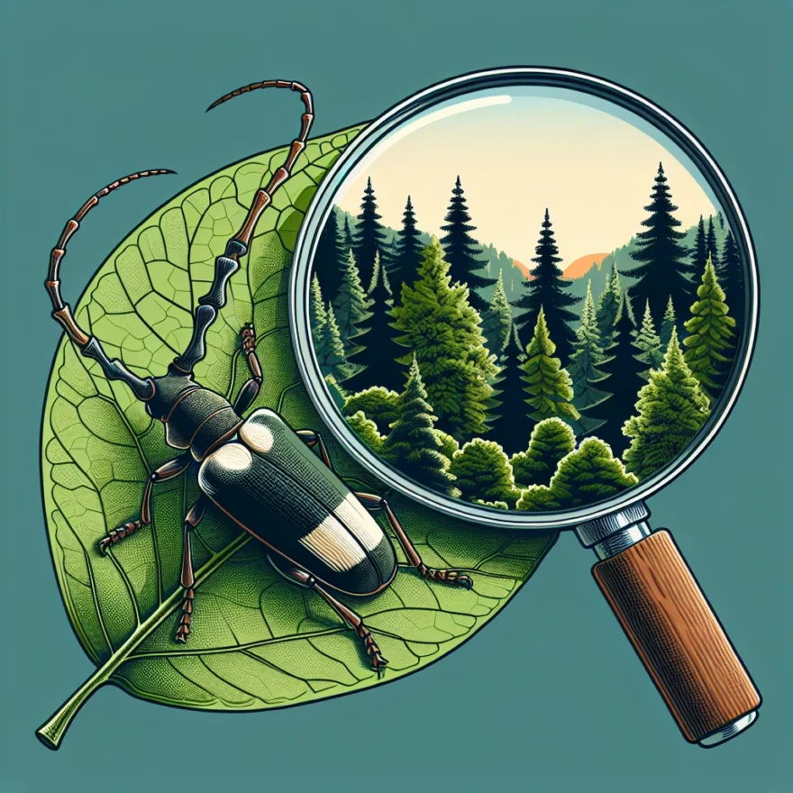 Asian Longhorned Beetle: The Threat to Trees and How to Stop It Illustration of an Asian Longhorned Beetle perched on a leaf, with a forest in the background. A magnifying glass hovers over it, symbolizing inspection and prevention measures.
