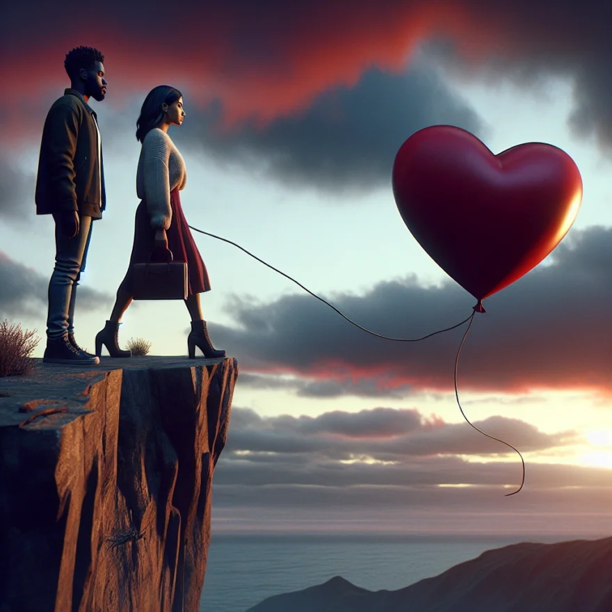 Illustration of a couple standing at the edge of a cliff, tethered to a heart-shaped balloon, symbolizing the precariousness of attachment anxiety in relationships.