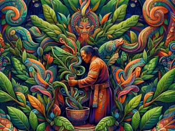 Ayahuasca: The Sacred Amazonian Brew and Its Profound Visionary Experiences Illustration of a shaman in traditional attire holding a ceremonial cup, surrounded by vibrant, swirling patterns and jungle flora, evoking the mystical and spiritual essence of Ayahuasca.