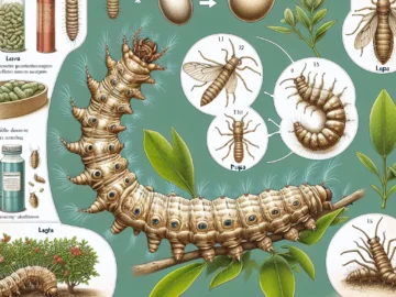 Illustration of a bag worm in various stages of life cycle, from egg to larva to pupa, then adult. Also depicts methods of control, including natural predators and pesticides.