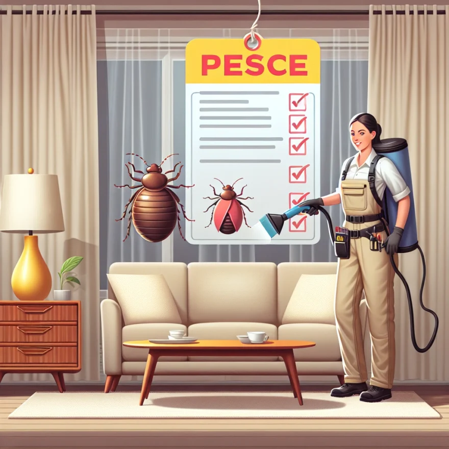 Illustration of a professional exterminator in uniform, using equipment to eliminate bed bugs in a furnished room, with a price tag and checklist symbolizing costs and services.