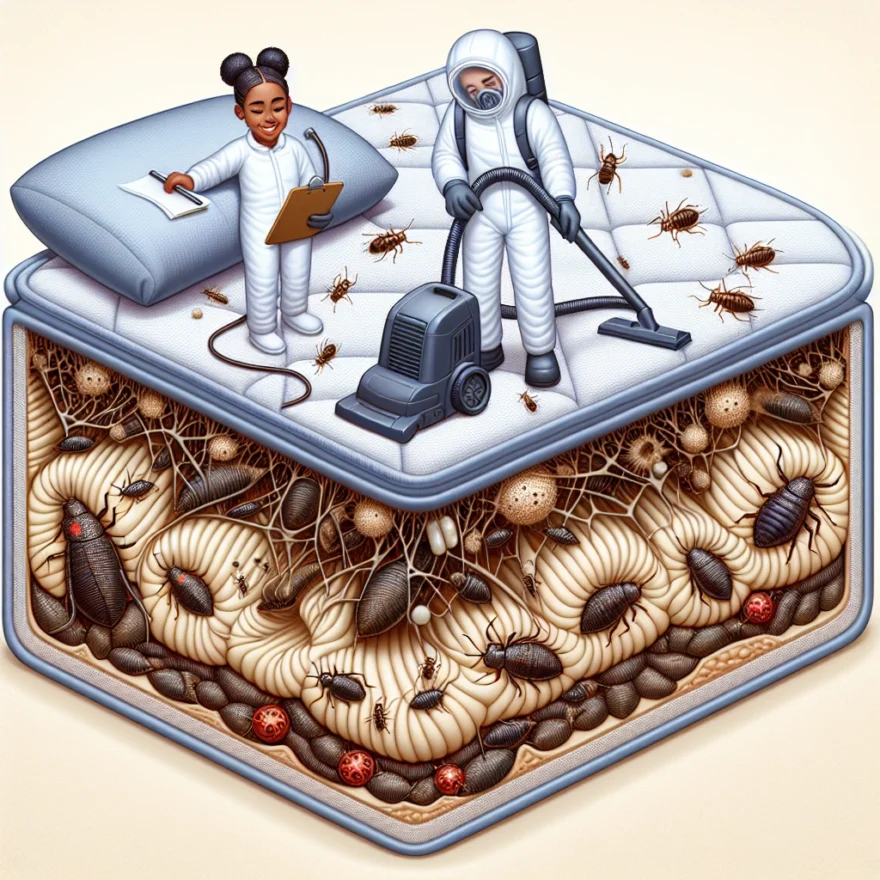 Bed Bugs on Mattresses: Detection, Treatment, and Prevention Illustration of a magnified mattress section revealing hidden bed bugs, a pest control professional treating the infestation, and various prevention methods like mattress covers and regular cleaning.