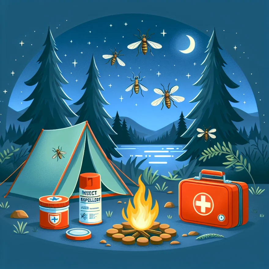 Biting Midges: How to Avoid and Treat Their Bites Illustration of a serene campsite with a small, ominous swarm of biting midges hovering nearby, a can of insect repellent, and a first-aid kit indicating prevention and treatment methods.
