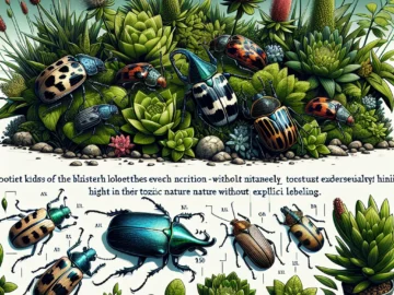 Blister Beetles: How to Identify and Manage These Toxic Insects Illustration of various Blister Beetles in their natural habitat, showcasing distinct markings and colors. The image also highlights their interaction with plants, hinting at their toxic nature.