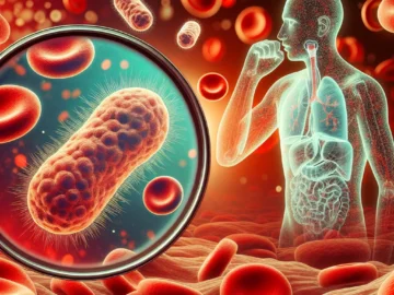 Illustration of Bordetella pertussis bacterium, microscopic view, surrounded by red blood cells, with a person coughing in the background, emphasizing the transmission of the whooping cough disease.
