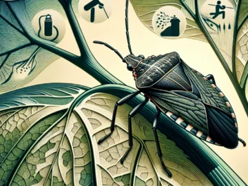 Illustration of a detailed Boxelder bug in its natural habitat, surrounded by Boxelder tree leaves. Visual aids for prevention and control methods are subtly integrated into the background.