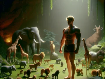 Illustration of Brad Pitt standing in a lush underground cavern, surrounded by tiny, diverse animals like miniature elephants, giraffes, and lions. Soft lighting highlights the whimsical, secret world.