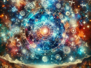 Illustration of a vibrant night sky over Brazil, dotted with constellations, intertwined with colorful symbols of Afro-Brazilian religions, reflecting the syncretism of spiritual traditions and astrology.