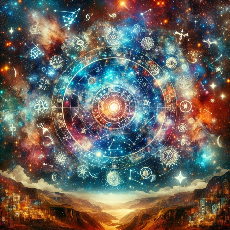 Illustration of a vibrant night sky over Brazil, dotted with constellations, intertwined with colorful symbols of Afro-Brazilian religions, reflecting the syncretism of spiritual traditions and astrology.