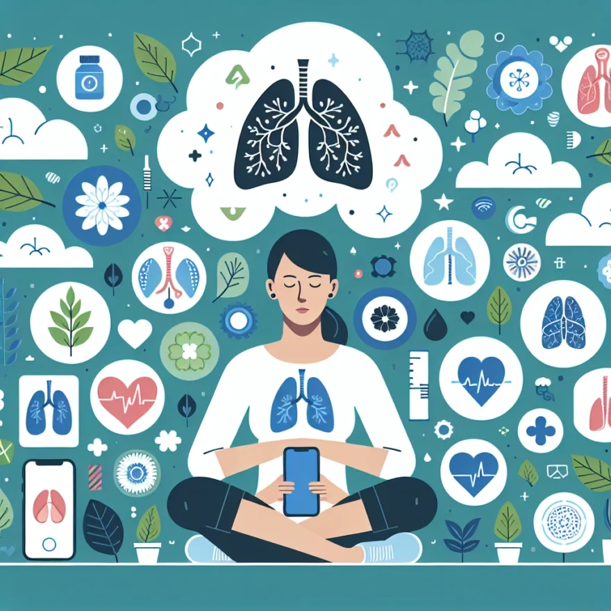 Illustration of a person practicing deep breathing exercises with a smartphone in hand, surrounded by icons representing various health apps, lungs, and calming nature elements like leaves and clouds.
