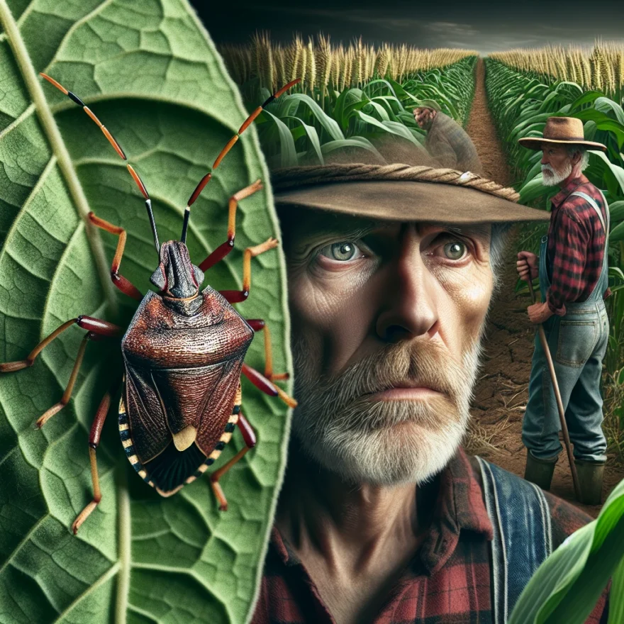 Illustration of a detailed Brown Marmorated Stink Bug perched on a leaf, with a backdrop of a distressed farmer observing his damaged crops, symbolizing agricultural impact.