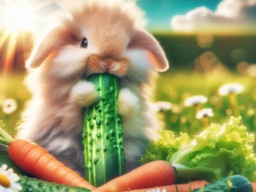Bunny Diet: Can a Bunny Eat Cucumbers? Illustration of a cute, fluffy bunny munching on a bright green cucumber, surrounded by other healthy vegetables like carrots and lettuce, in a sunny, grassy meadow.