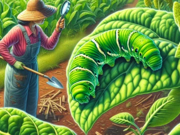 Illustration of a vibrant green cabbage looper caterpillar munching on a leaf, with damaged crops in the background, and a farmer examining the pest, symbolizing the threat to agriculture.