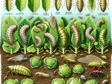 Illustration of the cabbage maggot's lifecycle stages from egg to adult, the damage caused to cabbage crops, and various control methods such as crop rotation and biological controls.
