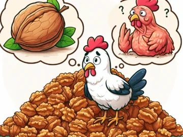 Can Chickens Eat Walnuts? Understanding the Impact on Health Illustration of a curious chicken pecking at a pile of walnuts, with a thought bubble depicting a healthy and an unhealthy chicken, symbolizing the impact of walnuts on its health.