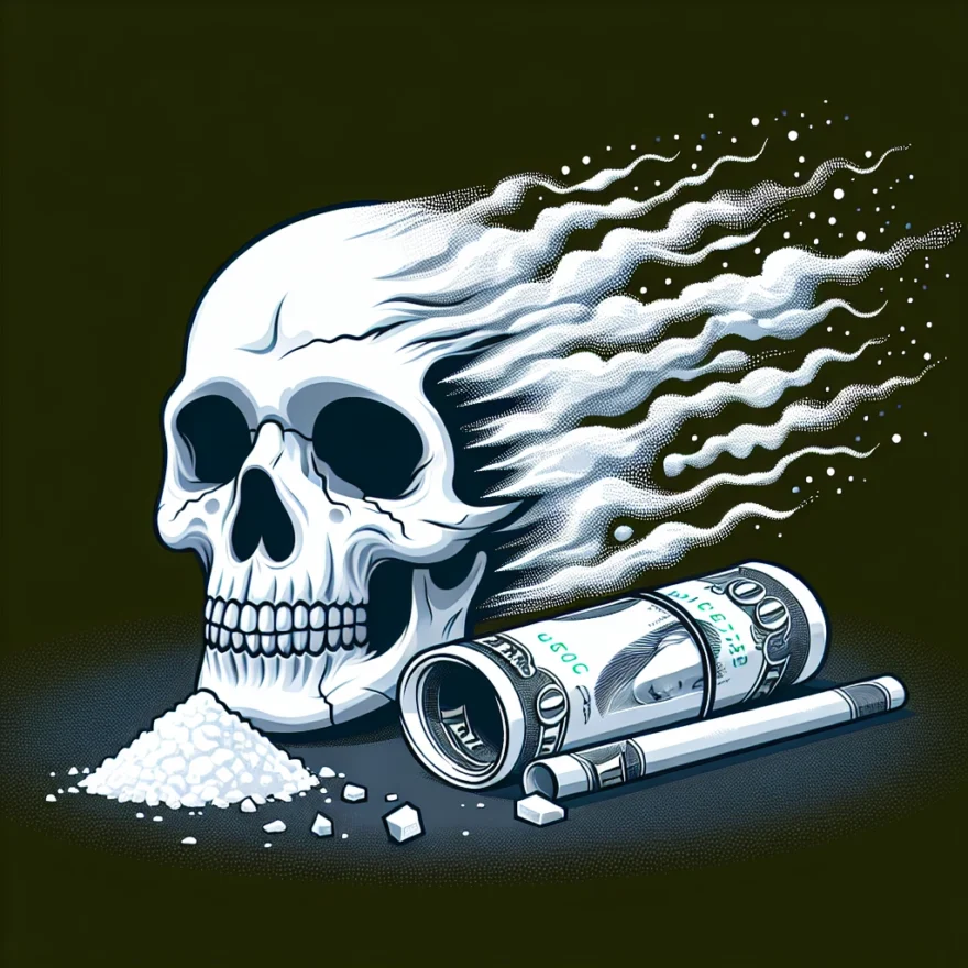 Illustration of a skull enveloped in a cloud of white powder, with a crushed cocaine line and a rolled-up dollar bill nearby, symbolizing the fatal dangers of cocaine use.