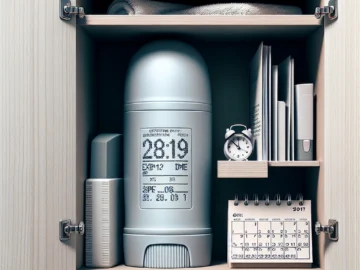 Illustration of a deodorant stick with visible expiration date, placed inside a bathroom cabinet. A calendar and a clock are subtly depicted in the background.