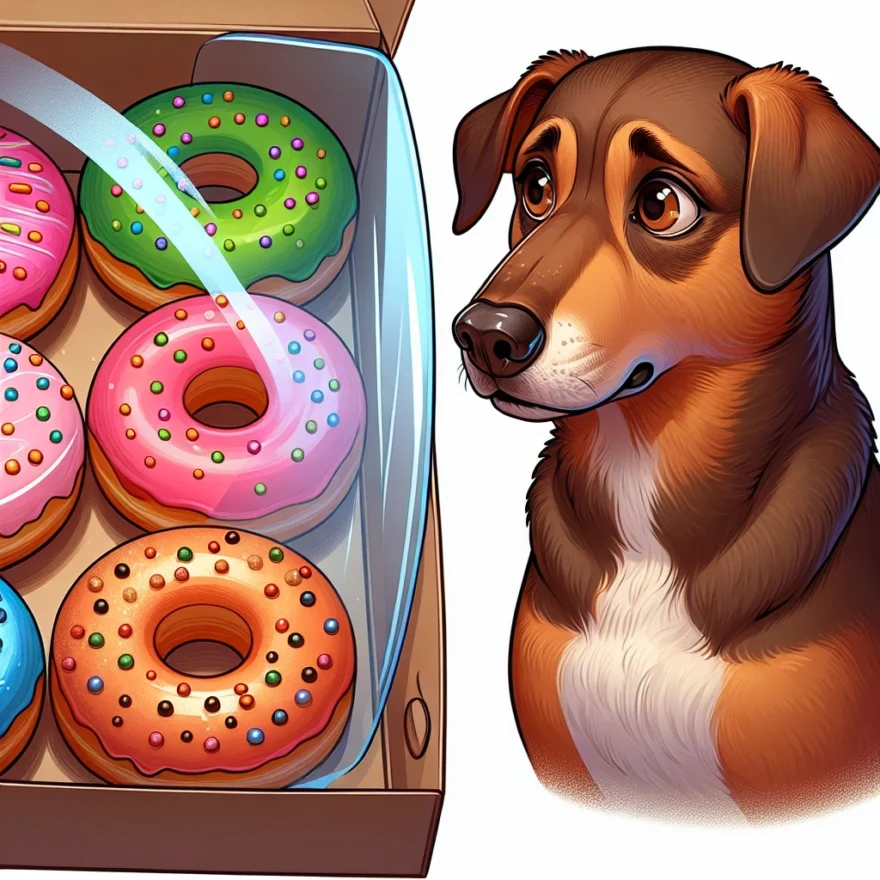 Illustration of a curious dog gazing longingly at a box of colorful donuts, with a clear barrier in between, symbolizing the 'no' to the question of dogs eating sugary treats.