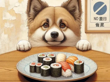 Can Dogs Eat Sushi? What You Need to Know About Dogs and Raw Fish Illustration of a curious dog peeking over a table with a plate of sushi, while a caution sign is subtly placed in the background.