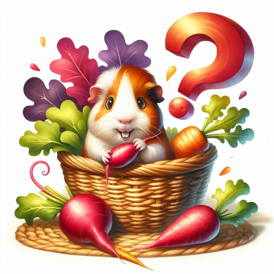 Can Guinea Pigs Eat Radishes? A Look at Safe Vegetables for Cavies Illustration of a cheerful guinea pig munching on a radish, while a variety of other vegetables such as carrots and lettuce are scattered around. A question mark hovers over the scene.