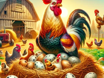 Illustration of a vibrant rooster perched atop a nest of eggs, with a puzzled expression, surrounded by inquisitive hens, set against a rustic barnyard backdrop.