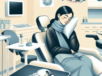 Illustration of a woman comfortably resting on a couch, with a cold pack on her cheek, car keys set aside, and a dentist's office in the background.