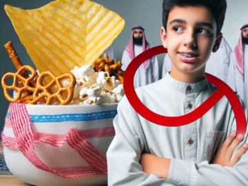 Can You Eat Chips With Braces? What to Avoid to Protect Your Orthodontic Work Illustration of a teenager wearing braces, hesitating before eating a large potato chip, with a red "prohibition" sign over a bowl of various crunchy snacks.