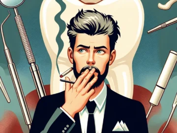 Illustration of a person holding a cigarette in one hand, with a question mark above his head, and a dental tool and tooth in the background, symbolizing root canal.