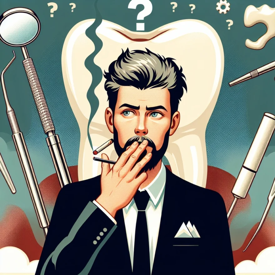 Can You Smoke After a Root Canal? Dental Health and Smoking Illustration of a person holding a cigarette in one hand, with a question mark above his head, and a dental tool and tooth in the background, symbolizing root canal.