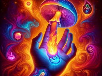 Illustration of a hand holding a lit mushroom, with psychedelic colors swirling in the background, emphasizing the hallucinogenic effects and potential dangers of smoking shrooms.