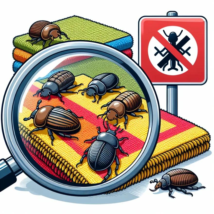 Illustration of various carpet beetles crawling on a vibrant rug, with a magnifying glass highlighting their details, and a crossed-out sign symbolizing prevention.