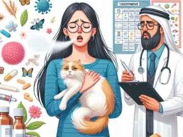 Illustration of a sneezing woman with a cat, surrounded by allergens, with a doctor explaining a treatment plan and various allergy medications in the background.