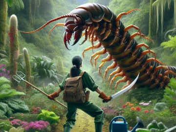 Illustration of a brave gardener in protective gear, fearlessly confronting a giant, menacing centipede in a vibrant, lush garden, highlighting the epic battle between man and nature.