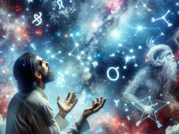 Illustration of a Chilean astrologer gazing at a starlit sky, hands outstretched towards celestial bodies, with various zodiac constellations glowing brightly amidst the cosmos.