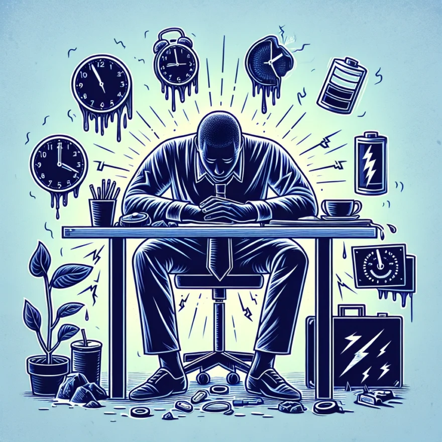 Chronic Fatigue Syndrome: Debilitating Fatigue and Its Impact Illustration of a weary figure slumped over a desk, surrounded by an aura of energy-draining elements, symbolizing the relentless exhaustion experienced in Chronic Fatigue Syndrome.