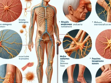 Chronic Inflammatory Demyelinating Polyneuropathy: Nerve Damage and Its Consequences Illustration of a human nervous system highlighting damaged nerves, associated symptoms, and the impact on daily activities, all under the umbrella of Chronic Inflammatory Demyelinating Polyneuropathy.